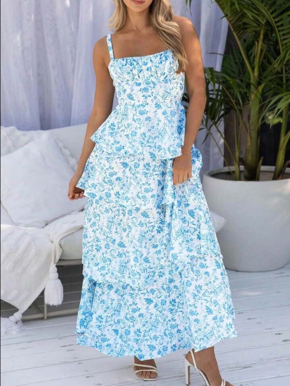 Blue Floral Tiered Maxi Dress with Spaghetti Straps